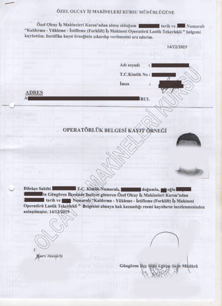 kayıp forklift belgesi yerine verilen sertifika